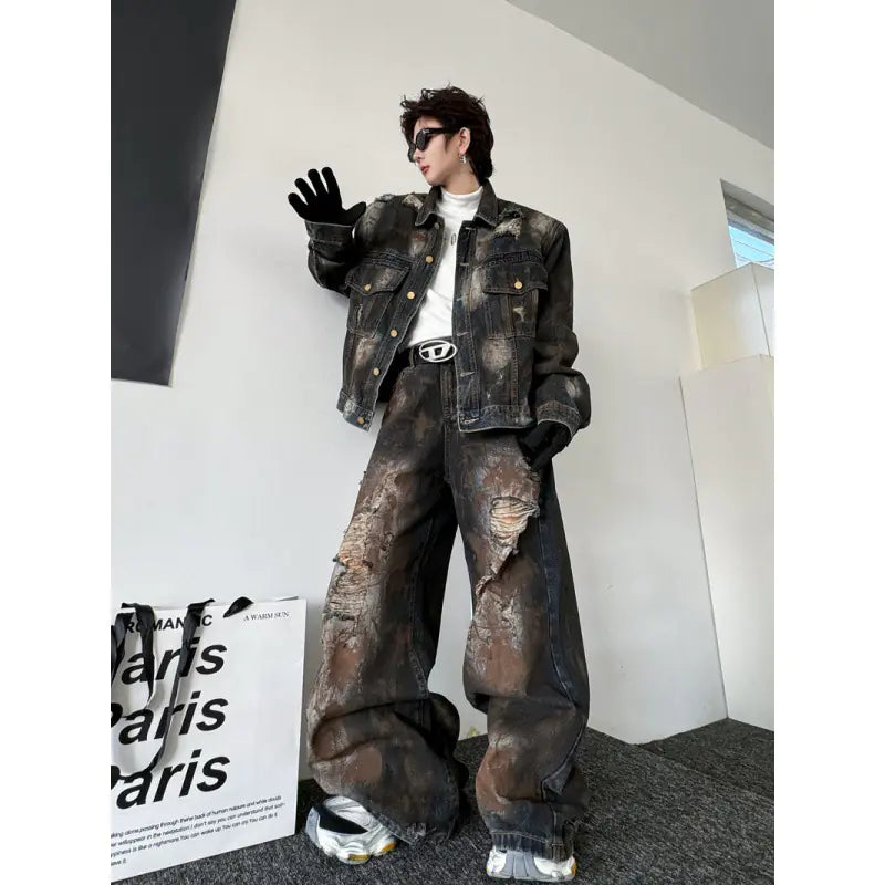 Old Cowboy Jacket and Ripped Denim Trousers Set