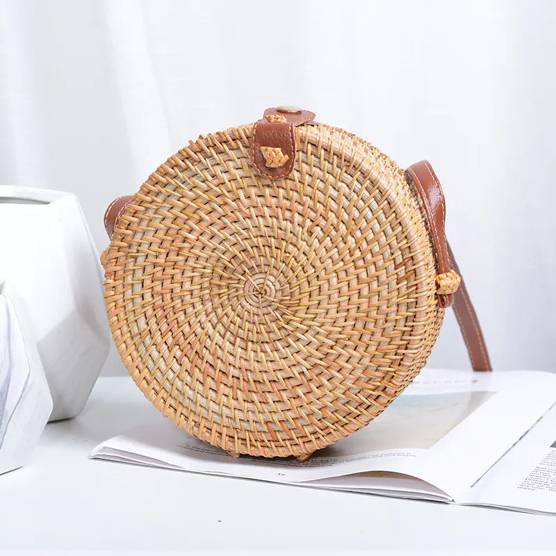 Handmade Rattan Hollow Star Bag with PU Leather Strap