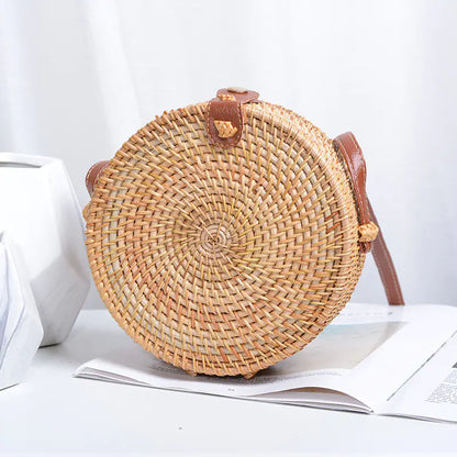 Handmade Rattan Hollow Star Bag with PU Leather Strap
