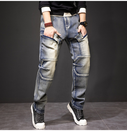 Men's Distressed Yellow Multi Pocket Work Jeans