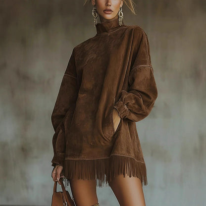 Loose Pockets Tassel Long Sleeve Suede Dress