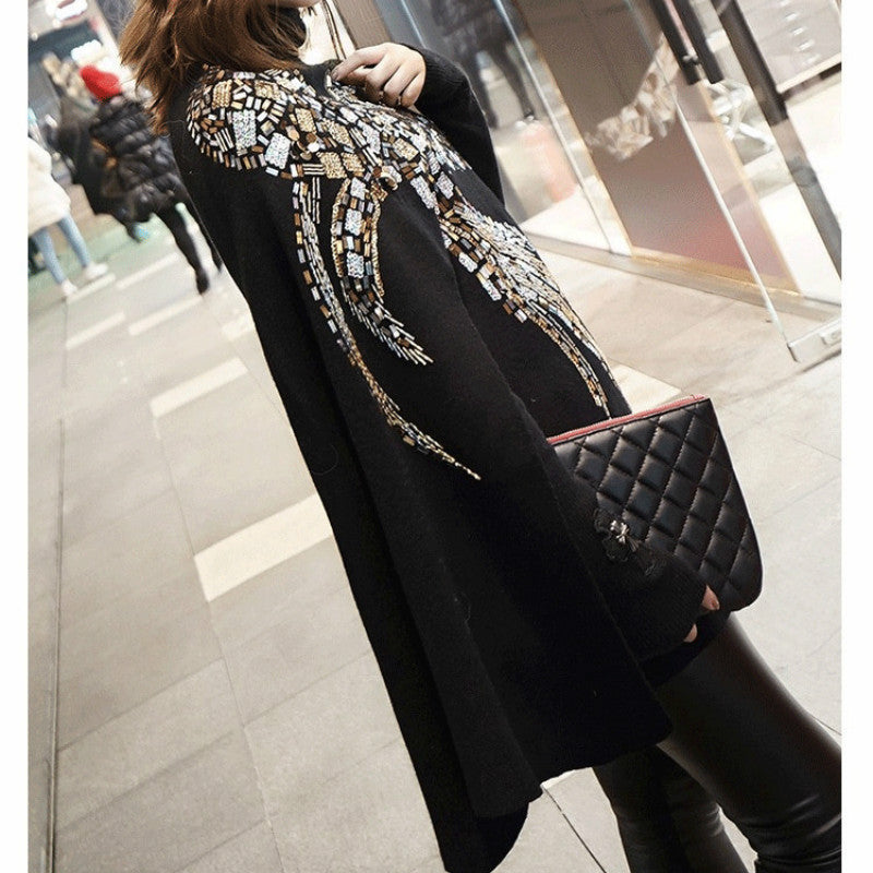 Embroidered Flying Woman Sequin Poncho with Beading