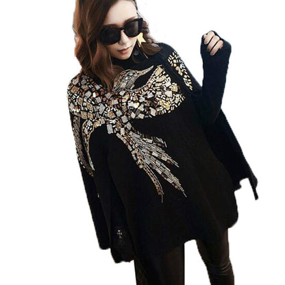 Embroidered Flying Woman Sequin Poncho with Beading