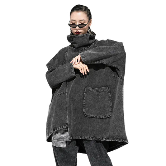 Oversized Black Washed Denim Turtleneck Jacket