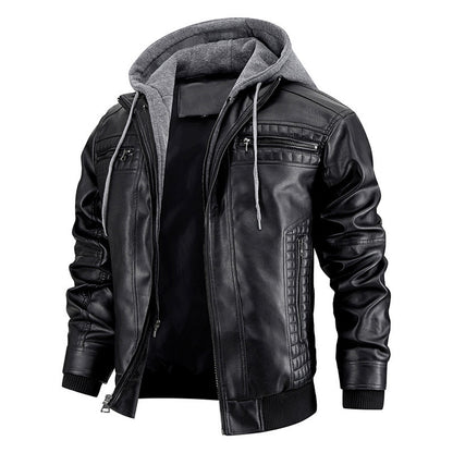 Men's PU Leather Hooded Jacket With Zipper Pockets