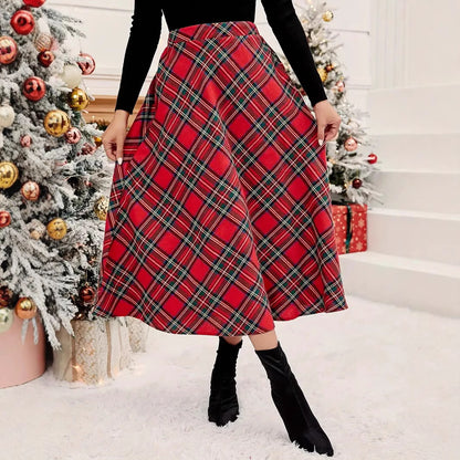 Women's High Waist Casual Loose Plaid Midi Skirt