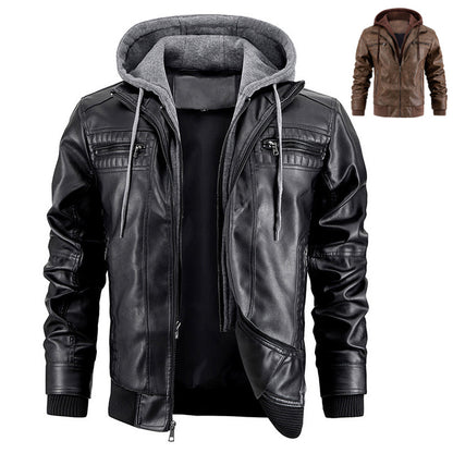 Men's PU Leather Hooded Jacket With Zipper Pockets