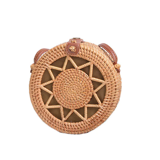 Handmade Rattan Hollow Star Bag with PU Leather Strap