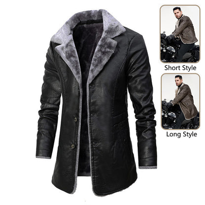 Men's Plush Lapel Leather Fleece Coat