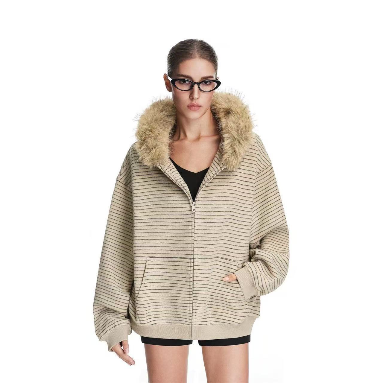 Women's Vintage Fur Collar Hooded Zipper Cardigan Sweater