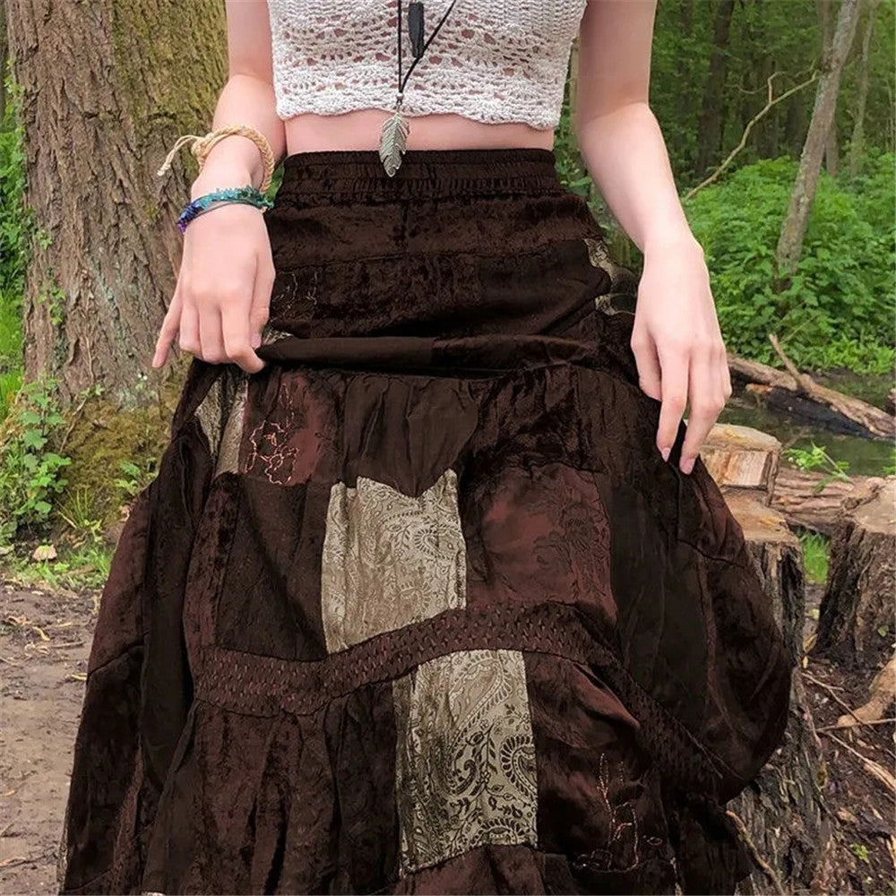 Boho Brown Pleated Maxi Skirt
