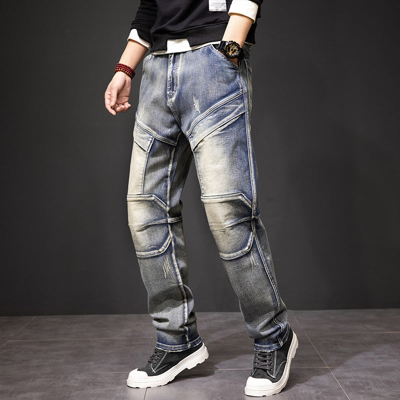 Men's Distressed Yellow Multi Pocket Work Jeans