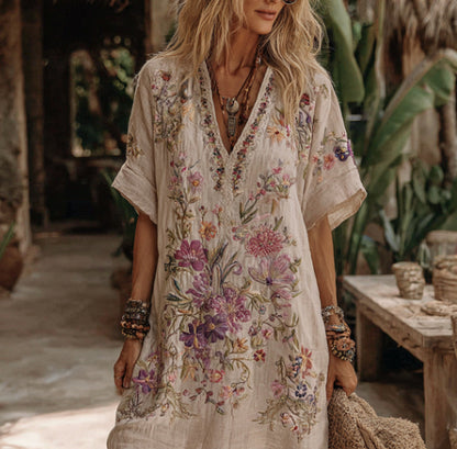 Women's Floral Art V Neck Comfy Midi Dress