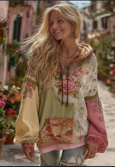 Vintage Versatile Lace-up  Hooded Sweatshirt