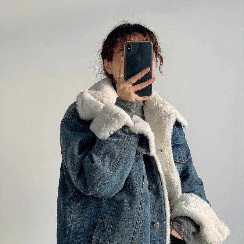 Women's Short Plush Thick Lamb Wool Denim Jacket