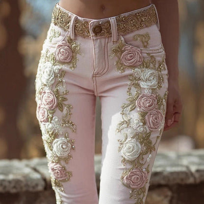 Women's Retro Pink Rose Embroidered Artistic Jeans