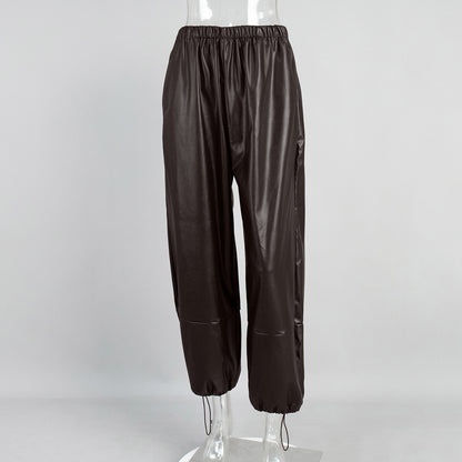 Women's Drawstring Ankle-tied Bloomers Loose PU Leather Pants