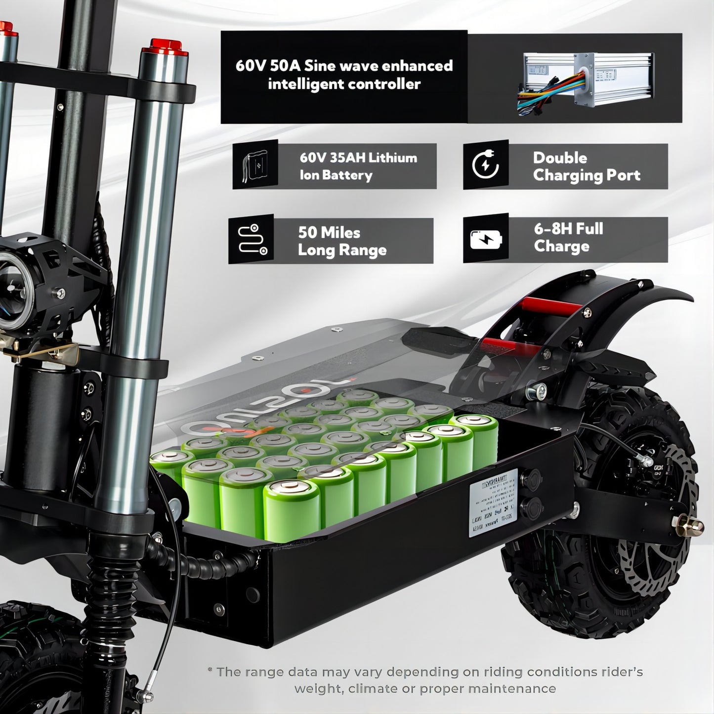 6000W Power Dual Motor Top Speed 50MPH Electric Scooter With Seat - 60V 35Ah Battery 50 Miles Range (11" Off-Road Tires)