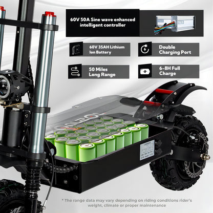 6000W Power Dual Motor Top Speed 50MPH Electric Scooter With Seat - 60V 35Ah Battery 50 Miles Range (11" Off-Road Tires)