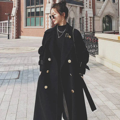 Mid-Length Women's Black Woolen Coat