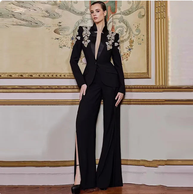 Chic Rhinestone Beaded Blazer & Trousers Set