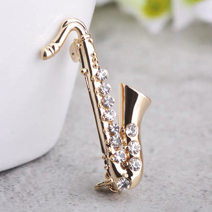 Saxophone-Shaped Brooch with Colorful Rhinestones