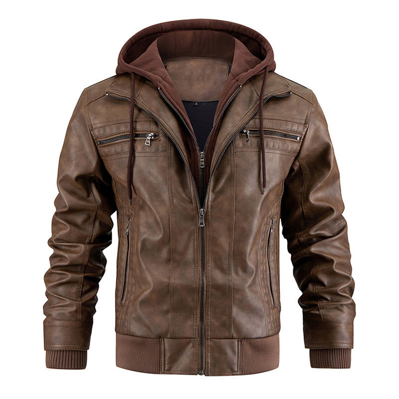 Men's PU Leather Hooded Jacket With Zipper Pockets