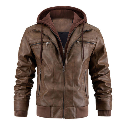 Men's PU Leather Hooded Jacket With Zipper Pockets