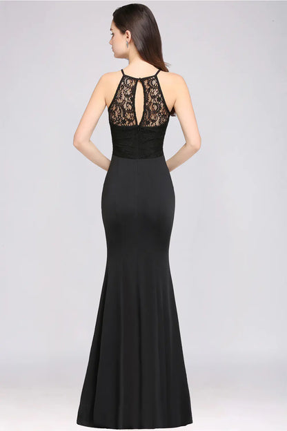 Women's Mermaid Halter Black Lace Evening Dress