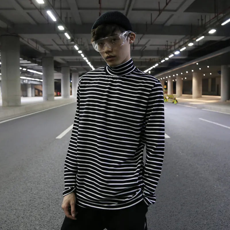 Black and White Striped Turtleneck Top