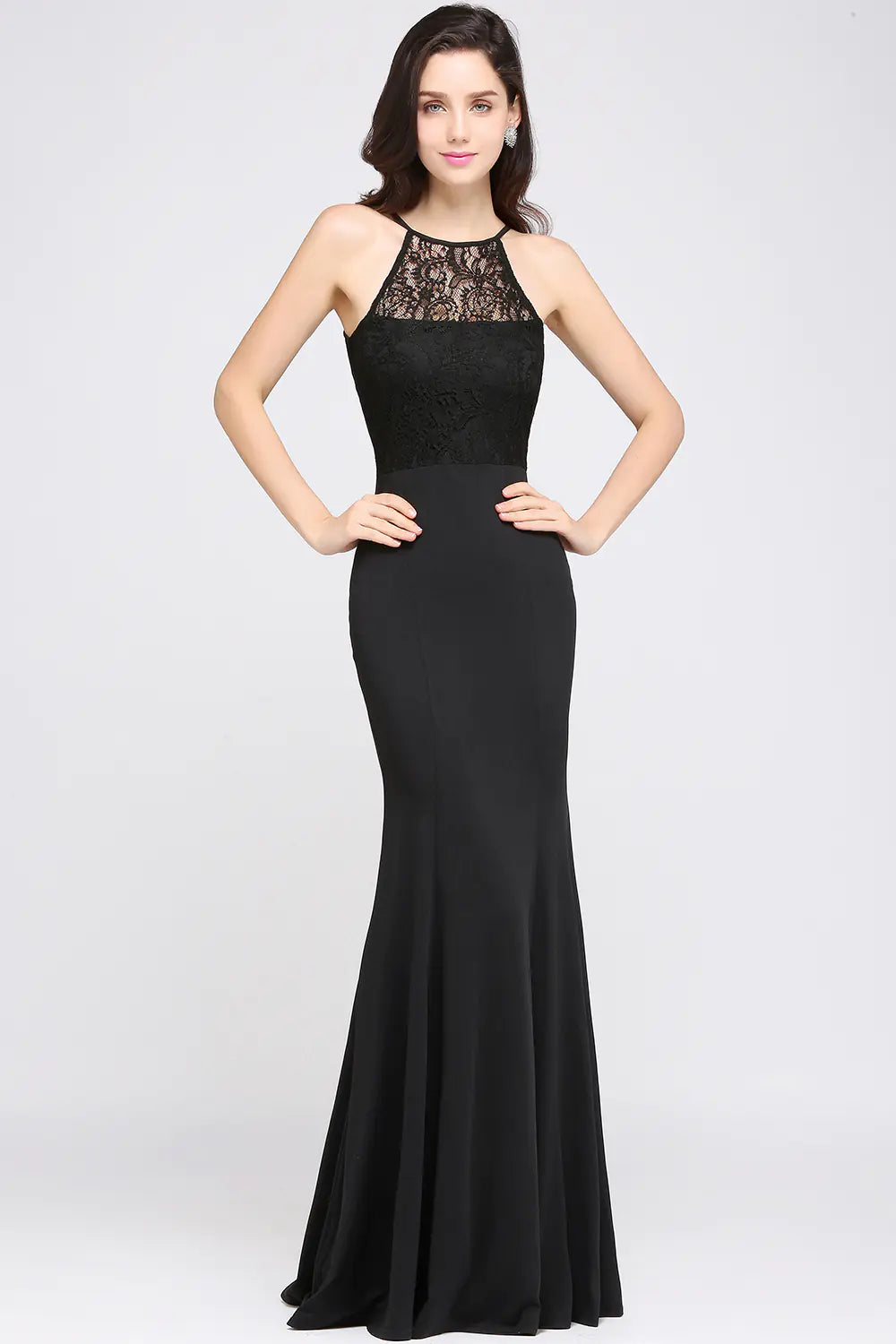 Women's Mermaid Halter Black Lace Evening Dress