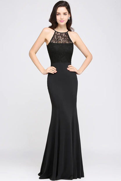 Women's Mermaid Halter Black Lace Evening Dress