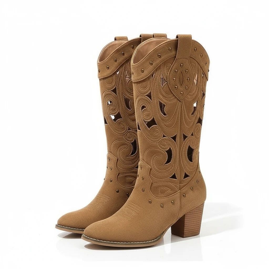 Women's Chic Embroidered Western Boots with Chunky Heel