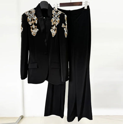 Chic Rhinestone Beaded Blazer & Trousers Set