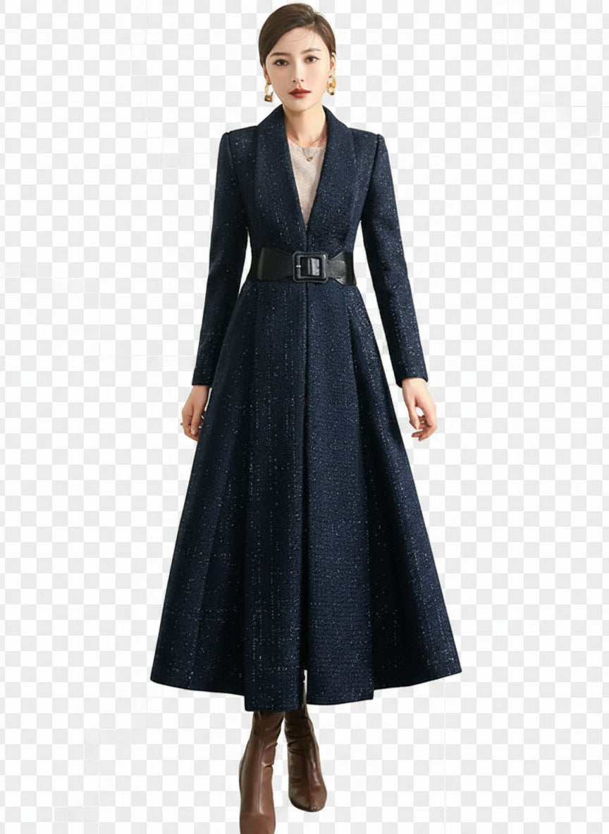 Women's Autumn Blue Plaid Wool Coat with Collar