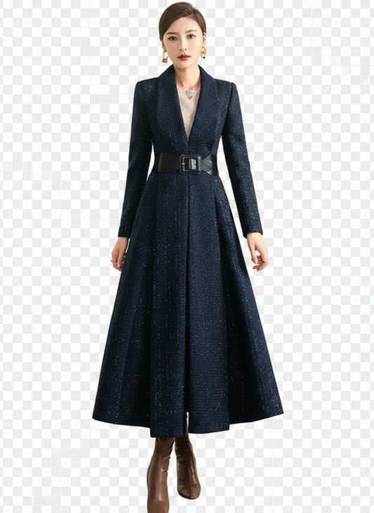 Women's Autumn Blue Plaid Wool Coat with Collar