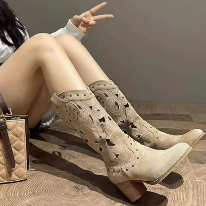 Women's Chic Embroidered Western Boots with Chunky Heel