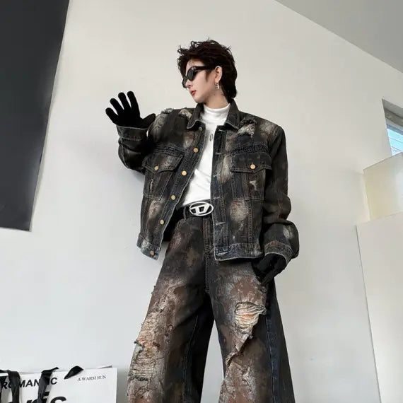Old Cowboy Jacket and Ripped Denim Trousers Set