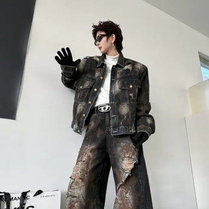 Old Cowboy Jacket and Ripped Denim Trousers Set