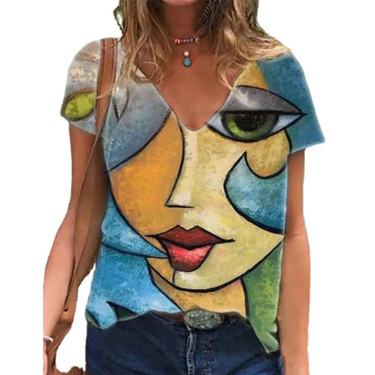 Women's Abstract Figure Print V-Neck T-Shirt