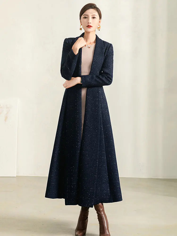 Women's Autumn Blue Plaid Wool Coat with Collar