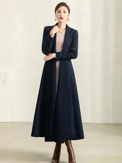 Women's Autumn Blue Plaid Wool Coat with Collar