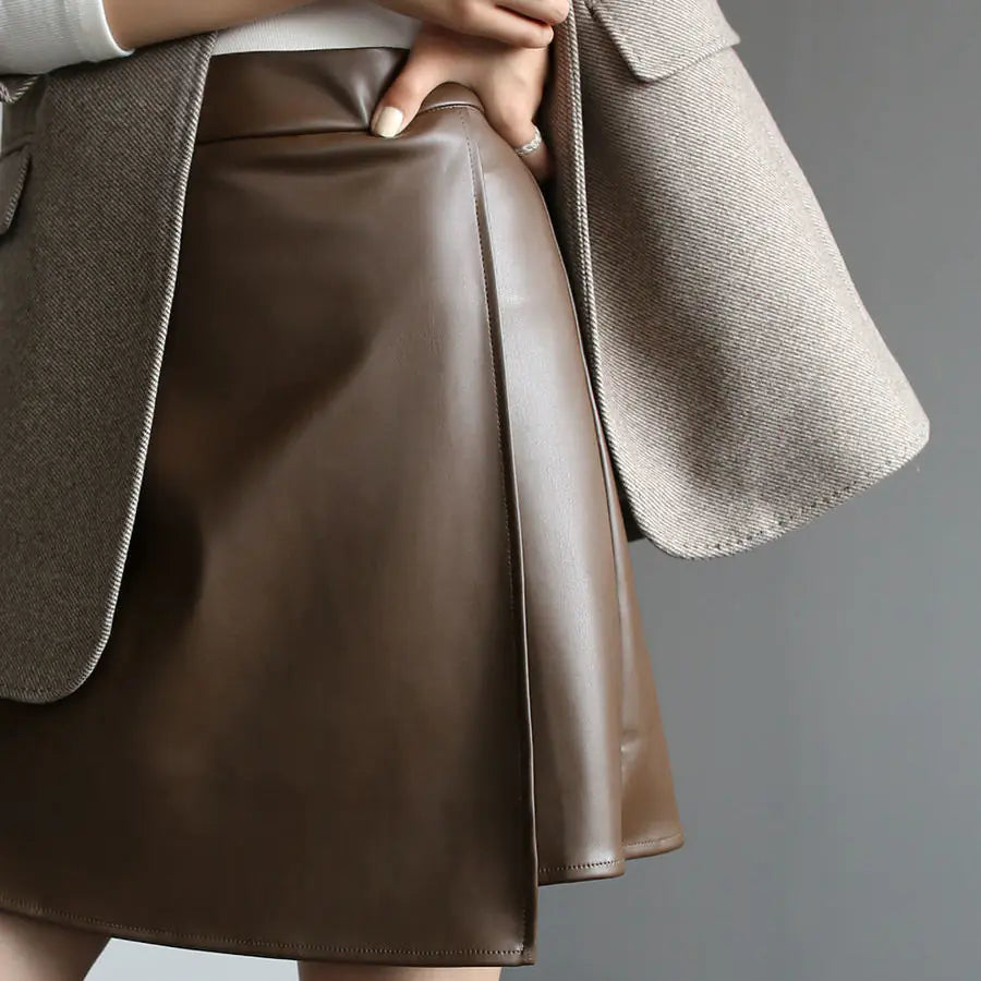 Classic High-Waist Faux Leather A-Line Skirt