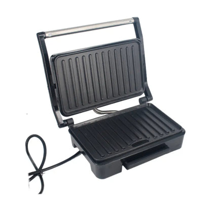 Black sandwich press with two heating plates on a white background