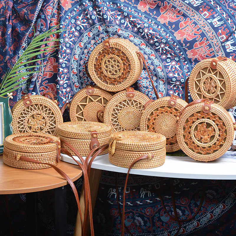 Handmade Rattan Hollow Star Bag with PU Leather Strap