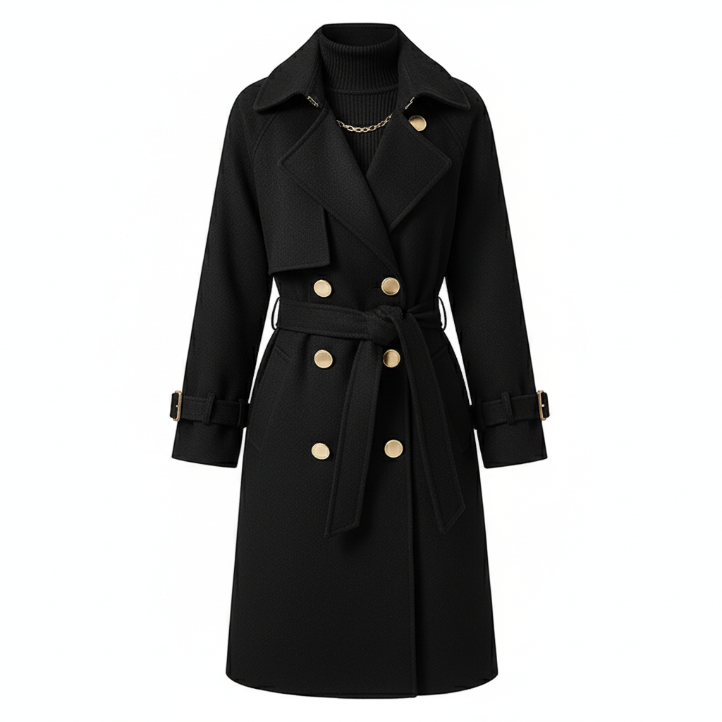 Mid-Length Women's Black Woolen Coat