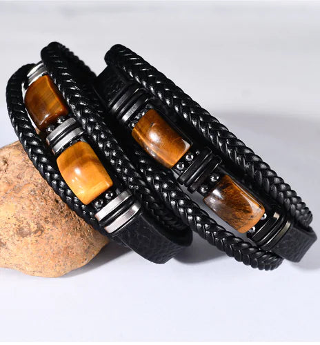 Men's Leather Bracelet with Jasper and Tiger Eye Stones (Set)