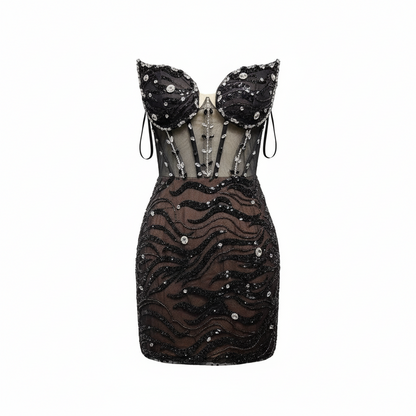 Glam Black Diamond Fishbone Dress