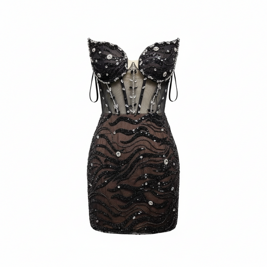 Glam Black Diamond Fishbone Dress