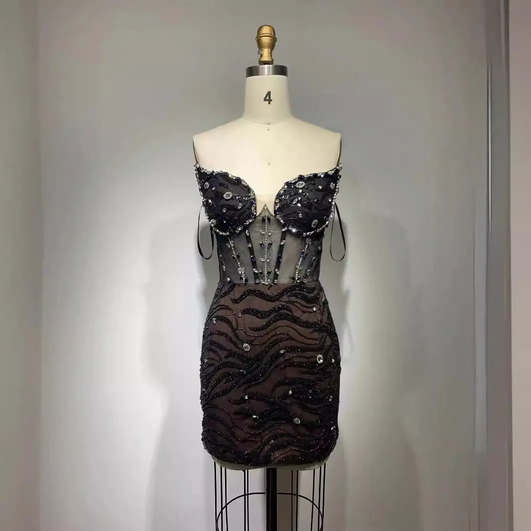 Glam Black Diamond Fishbone Dress